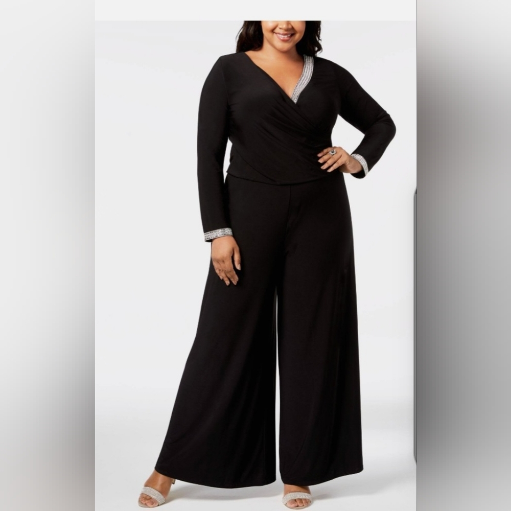 MSK WOMEN Womens Black Rhinestone Palazzo Long Sleeve Surplice Neckline Evening